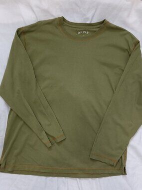 Orvis Large Olive Green Orange Stitching 100% Cotton Long Sleeve T-shirt